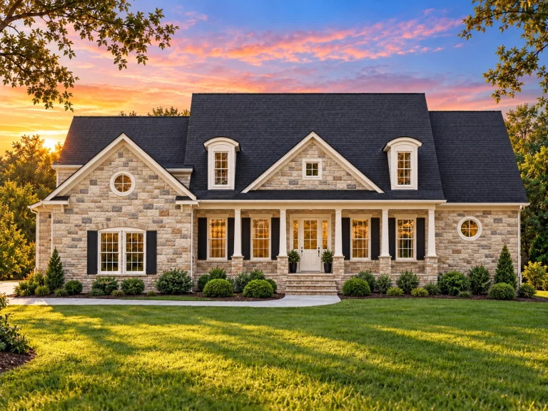 Front elevation of a Cape Cod Traditional house plan featuring white horizontal lap siding, stone veneer wainscot, black shutters, dormer windows, and a covered front porch with columns