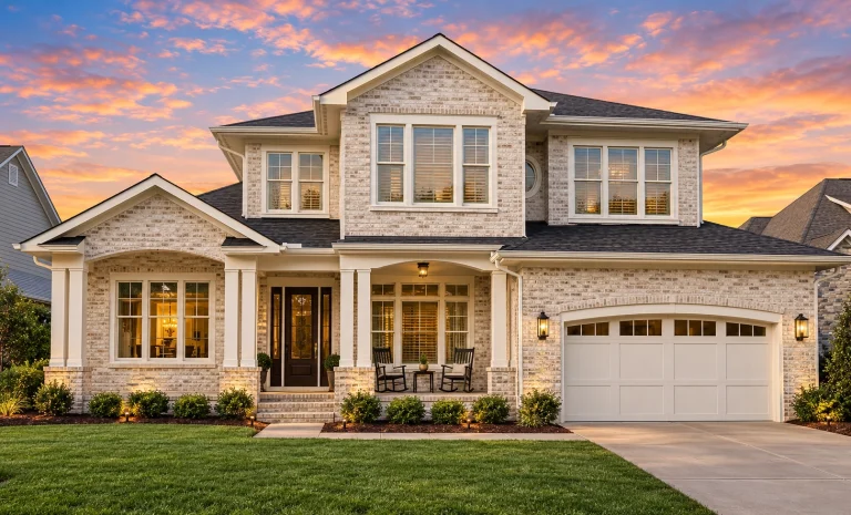 Front elevation of a Coastal Traditional Shingle Style house featuring cedar shingle siding, stone accents, covered porch, and attached garage