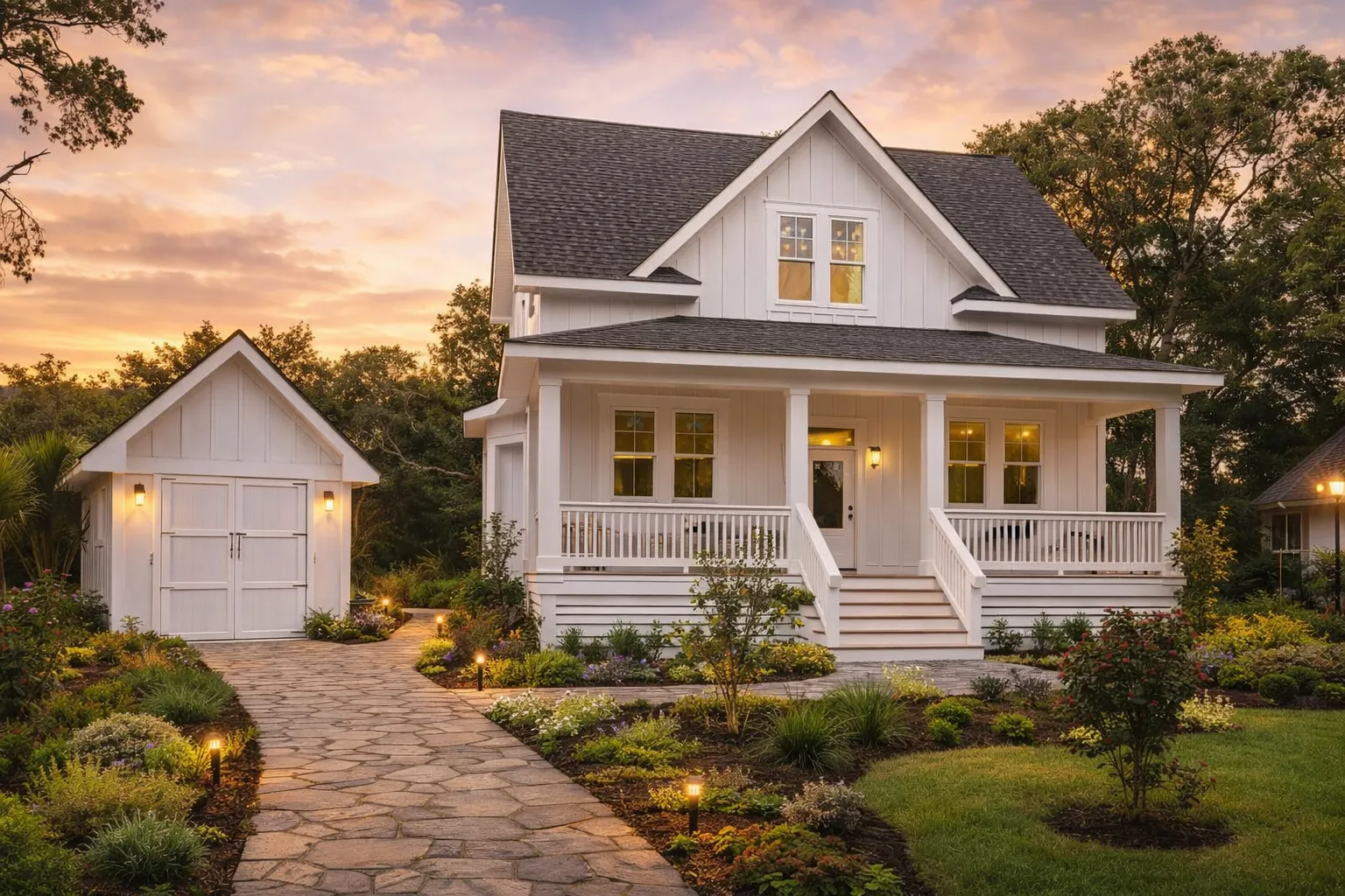 Front exterior of a modern farmhouse coastal style home with white board and batten siding, covered porch, gabled roof, and detached garage