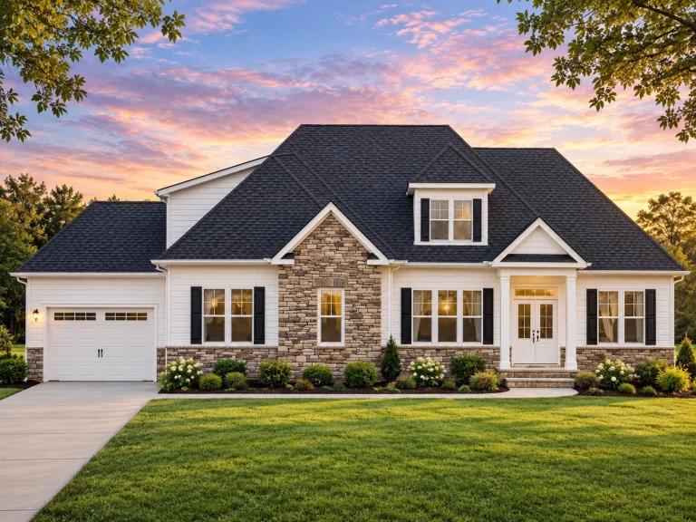 Front view of a Modern Farmhouse featuring stone and horizontal siding, gabled rooflines, and inviting front porch entryway