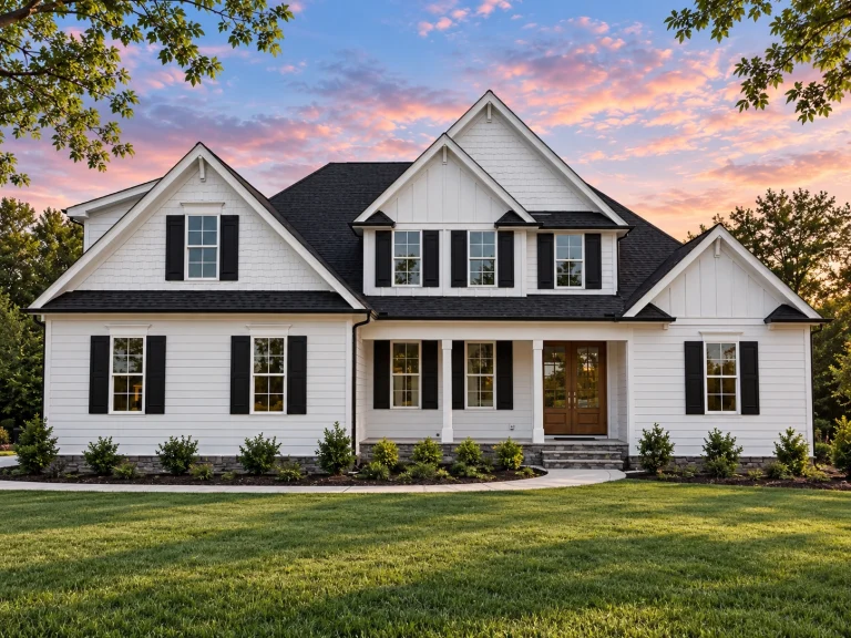 Front elevation of a New American Modern Traditional house with lap siding, board-and-batten gables, and a covered front porch