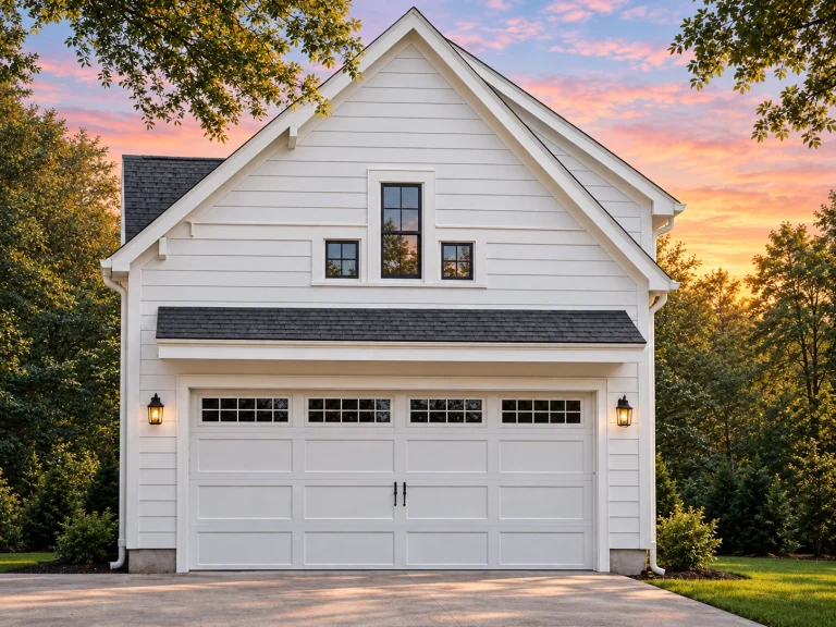 House Plans with Fireplace 25 Front exterior view of a Traditional cottage-style garage apartment with horizontal lap siding, gable roof, and two-car garage below