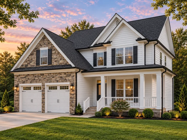 Front exterior of a New American style two-story home with stone accents, horizontal siding, and covered front porch