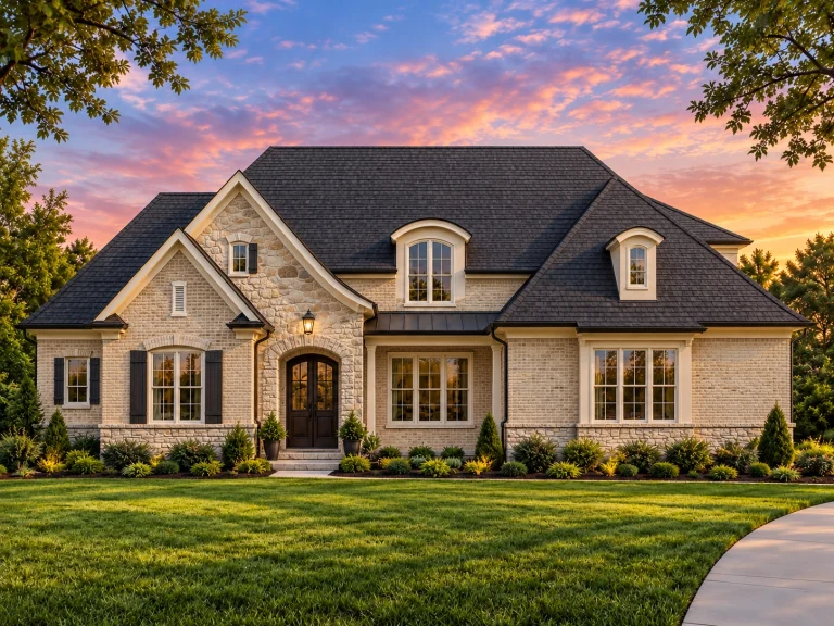 Front exterior of a New American style home with painted brick, horizontal siding, arched entry, and manicured lawn