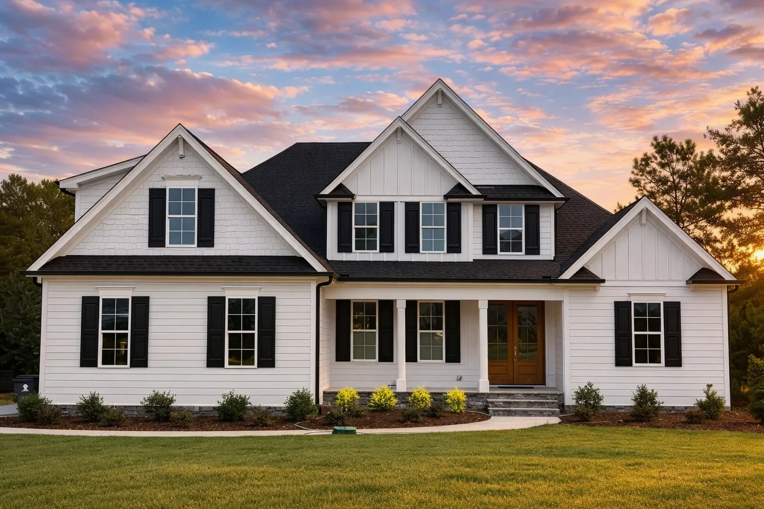 Front elevation of a New American Modern Traditional house with lap siding, board-and-batten gables, and a covered front porch