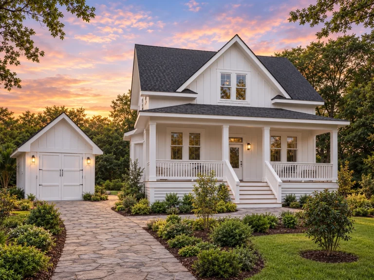 Front exterior of a modern farmhouse coastal style home with white board and batten siding, covered porch, gabled roof, and detached garage