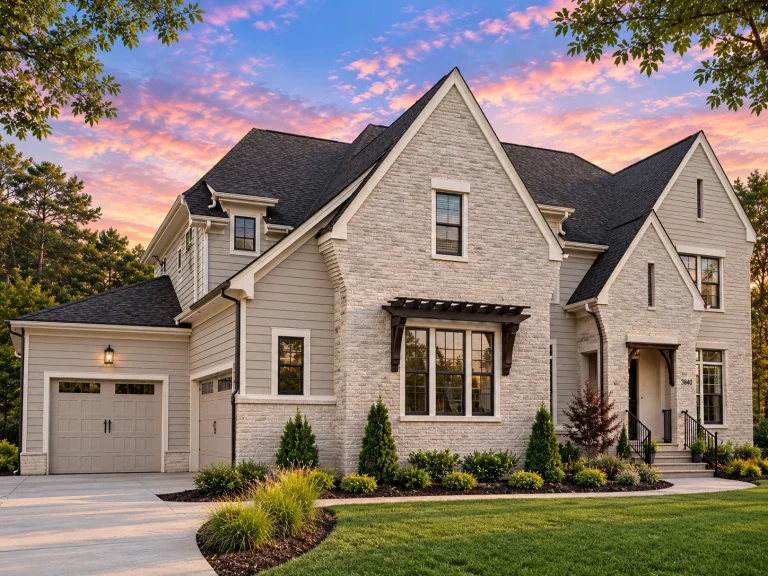 Front elevation of a New American modern traditional house with painted brick exterior, steep gables, symmetrical windows, and classic entry porch