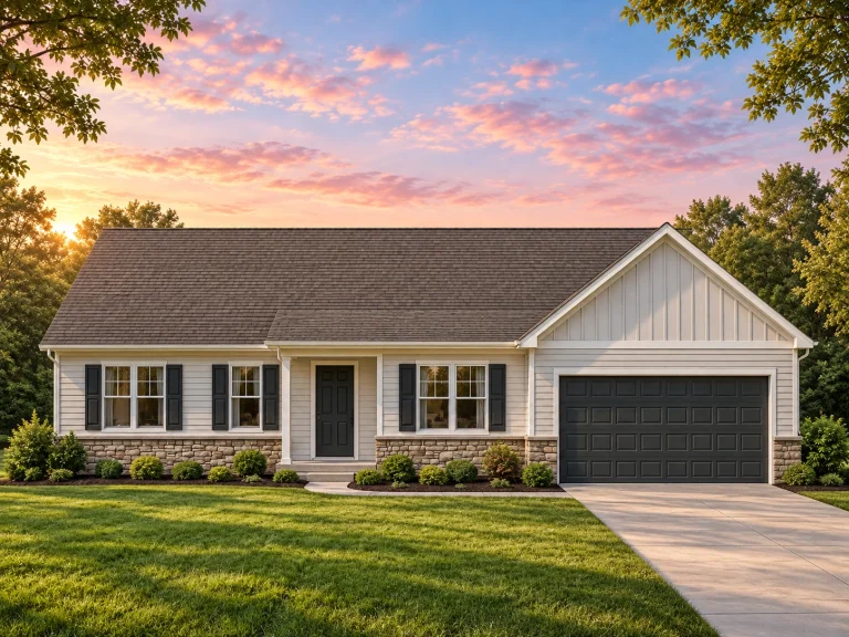 Front elevation of a Traditional Ranch style home featuring a blend of horizontal siding, board and batten, and stone wainscoting with a two-car garage