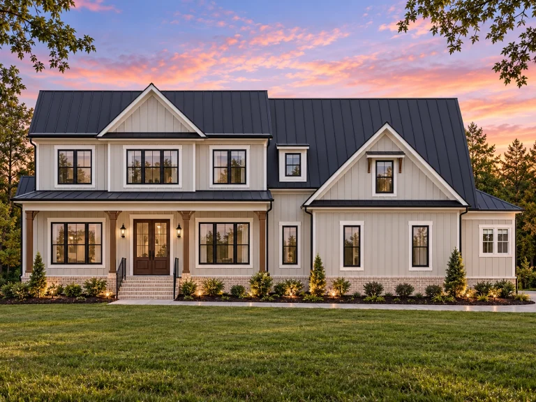 Front elevation of a Traditional Colonial style home with horizontal siding, symmetrical windows, gabled rooflines, and a welcoming covered front porch