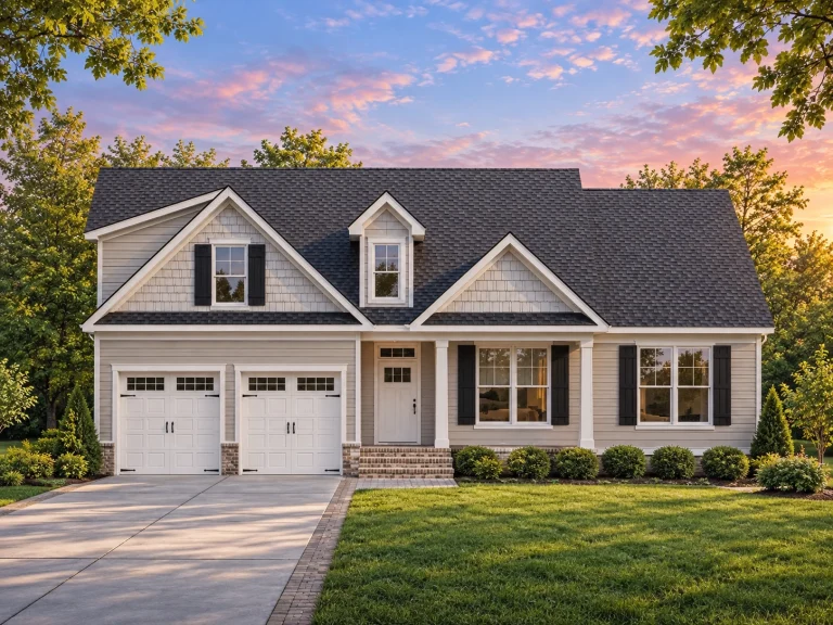 Front view of Modern Farmhouse style home featuring board and batten siding, shingle gables, and a two-car garage with craftsman details