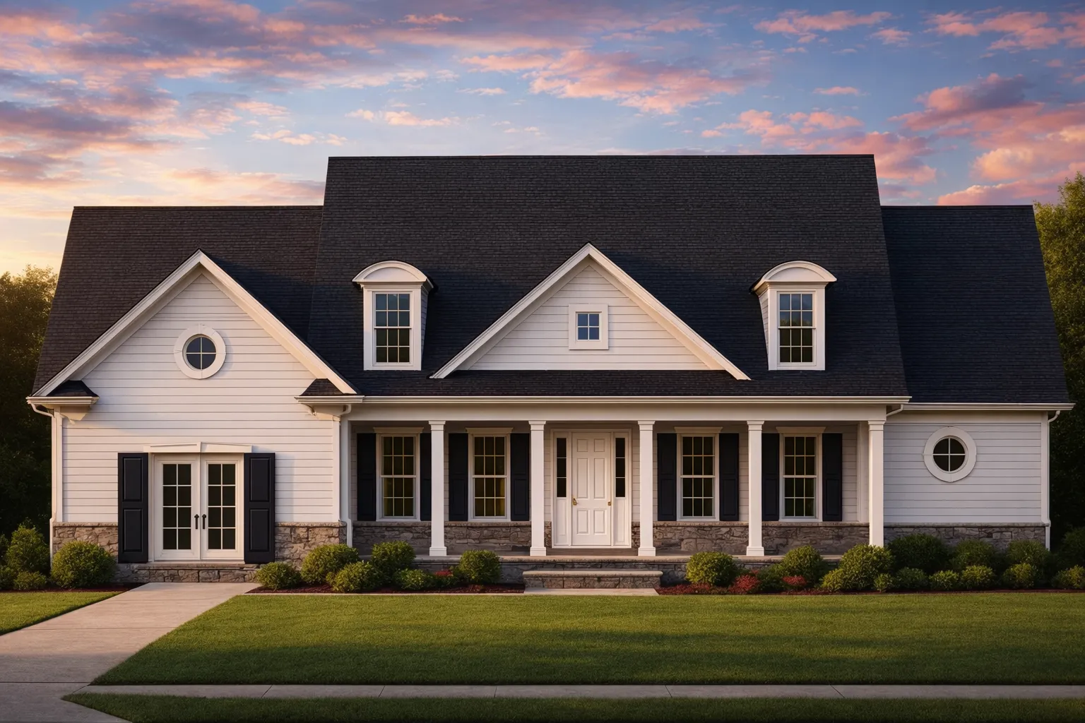 House Plans with Jack and Jill Bathroom 23 Front elevation of a Cape Cod Traditional house plan featuring white horizontal lap siding, stone veneer wainscot, black shutters, dormer windows, and a covered front porch with columns