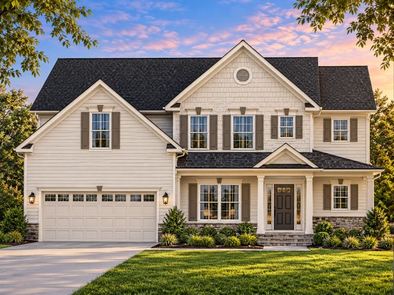 Front elevation of a Traditional Colonial home featuring horizontal siding, brick foundation accents, and a symmetrical two-story design with black shutters and gable rooflines