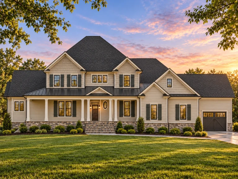 Triplex House Plans 3 Front elevation of a New American Modern Traditional house with horizontal siding, stone accents, covered porch, and attached garage