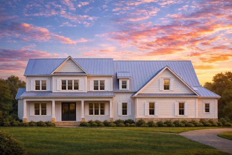 Front elevation of a Traditional Colonial style home with horizontal siding, symmetrical windows, gabled rooflines, and a welcoming covered front porch