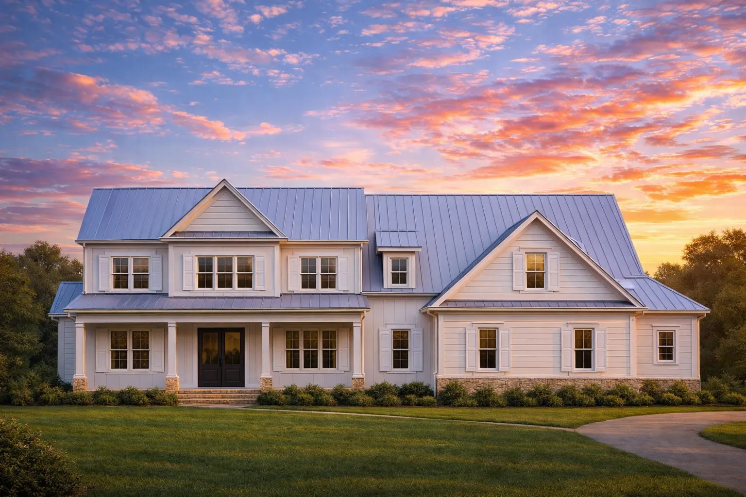 Front elevation of a Traditional Colonial style home with horizontal siding, symmetrical windows, gabled rooflines, and a welcoming covered front porch