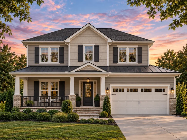 House Plans with Outdoor Kitchen 1 Front view of a Colonial Traditional style two-story home with white lap siding, stone accents, black shutters, and a covered front porch