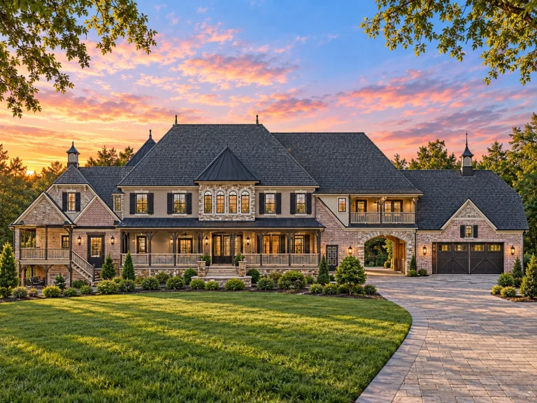 House Plans with Walk-In Pantry 6 Front elevation of a luxury Modern Southern Farmhouse with white board and batten siding, stone accents, large wrap porch, and an arched breezeway connecting the home to the garage