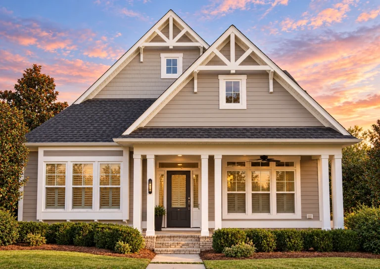 Front elevation of blue Craftsman Cottage style home with horizontal lap siding, white trim, gabled rooflines, and covered front porch at sunset