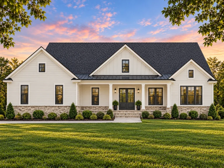 House Plans with Bedrooms on Upper Floor 1 Front elevation of modern farmhouse ranch style home with white board and batten siding, gable rooflines, and covered front porch