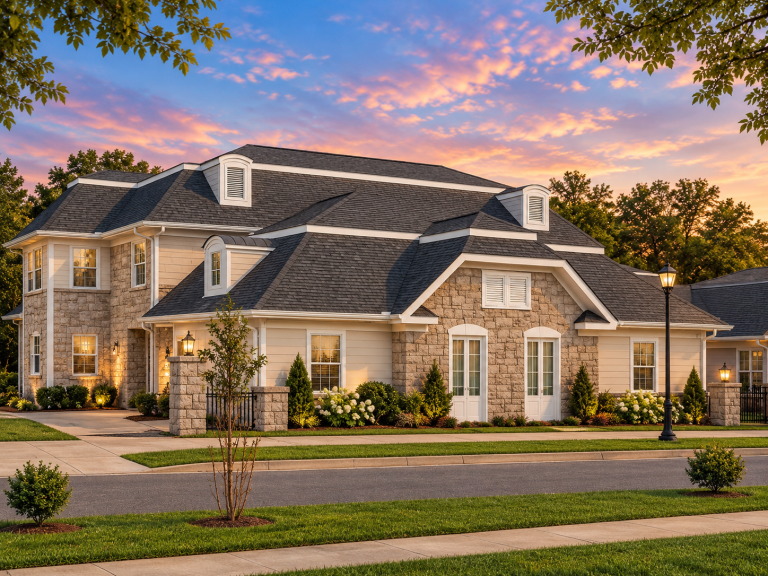 Courtyard House Plans 23 Front exterior of a New American style home featuring brick construction, stone accents, multi-gable rooflines, and classic suburban curb appeal