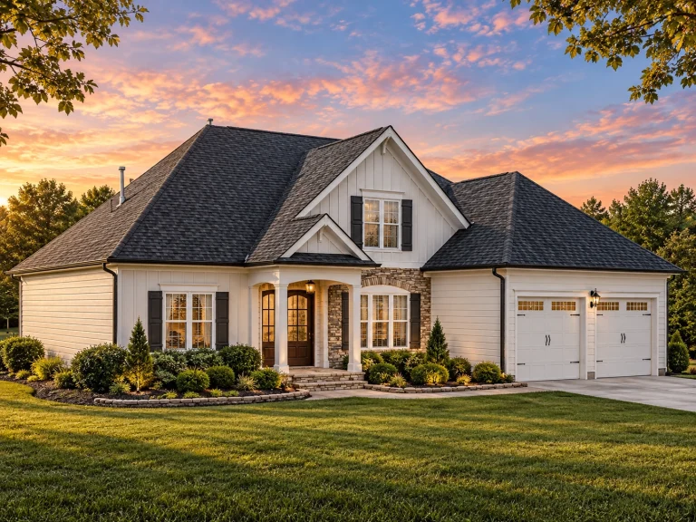 Front view of Craftsman Cottage style house featuring stone accents, board and batten siding, and a welcoming double-garage entry