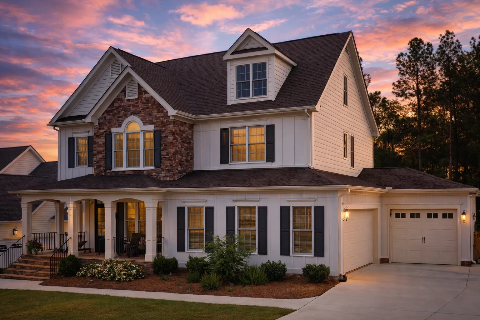 Front exterior view of a New American Modern Traditional style home with white lap siding, stone accents, black shutters, and an attached garage