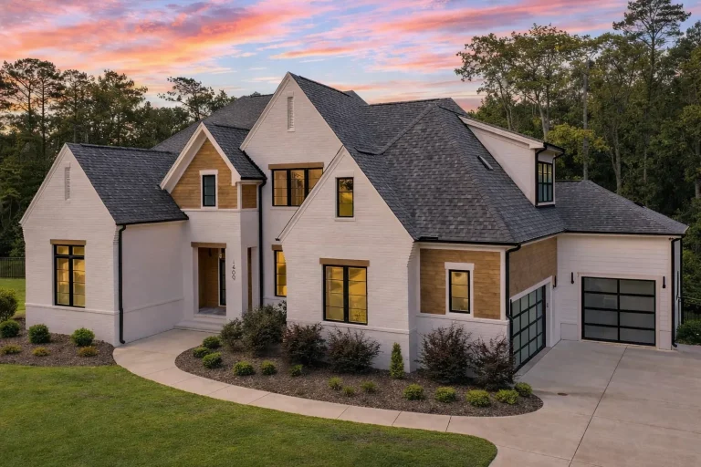 Front elevation of a New American modern traditional house featuring painted brick, board and batten accents, steep gables, and black framed windows