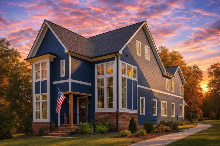 Front elevation of a New American modern traditional house with board and batten siding, brick accents, tall windows, and a welcoming covered entry