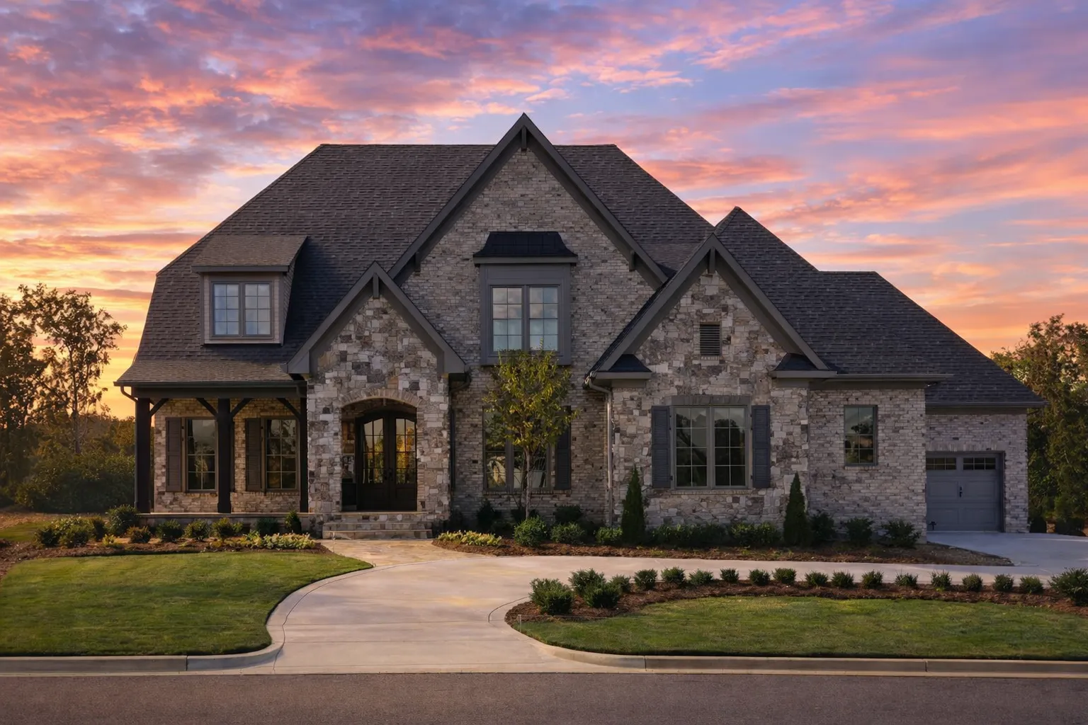 Front elevation of a New American modern traditional house featuring board-and-batten siding, stone accents, symmetrical windows, and a steep gabled roof