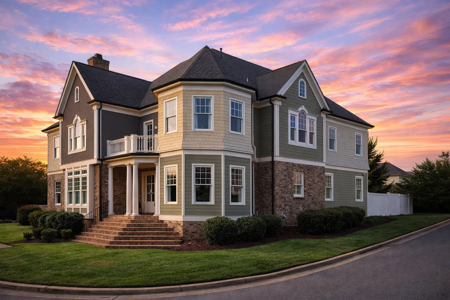 Front elevation of a Colonial Neo-Colonial style home with brick lower level, shingle siding upper story, symmetrical windows, and traditional detailing