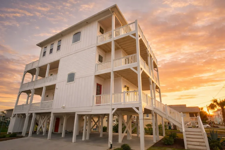 Elevated coastal beach house with lap siding, open balconies, exterior stairs, and pier foundation designed for waterfront living