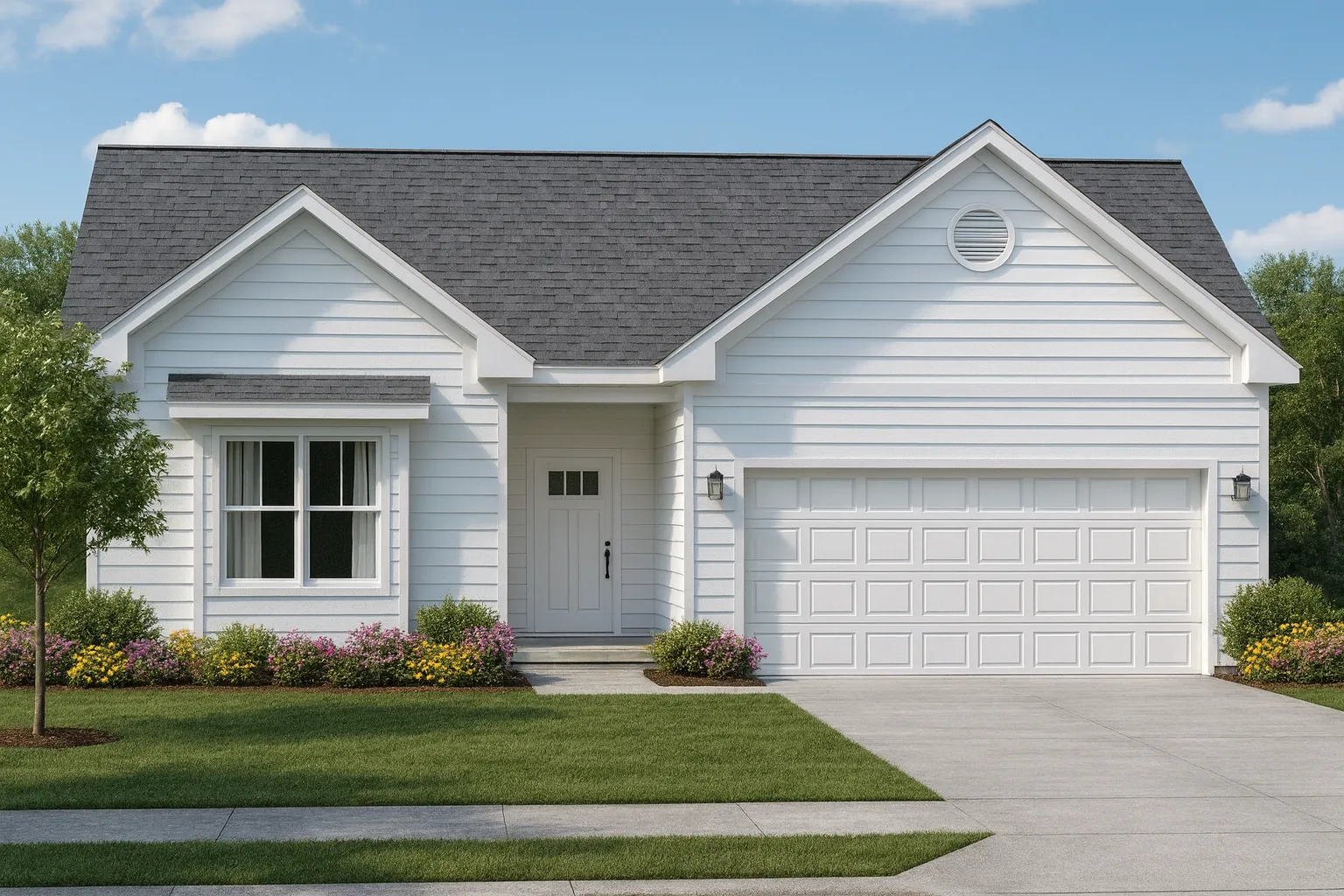 Front elevation of a Traditional Ranch style home featuring horizontal siding, shake gable accents, stone base detailing, and a two-car garage