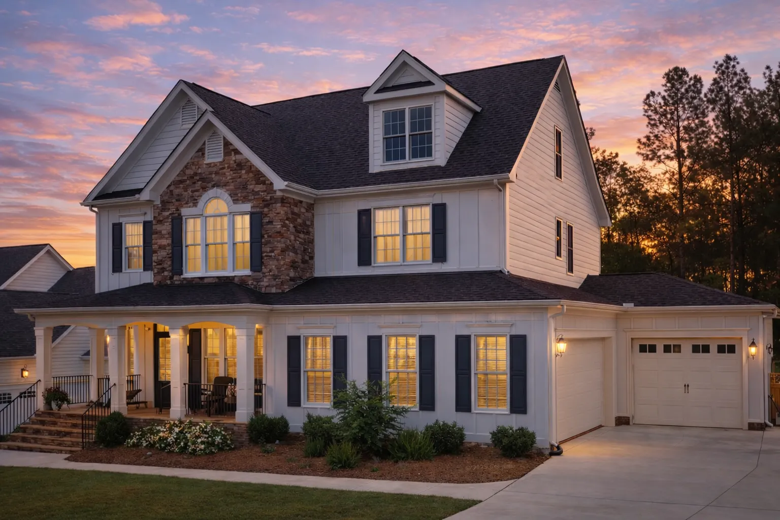 Front exterior view of a New American Modern Traditional style home with white lap siding, stone accents, black shutters, and an attached garage