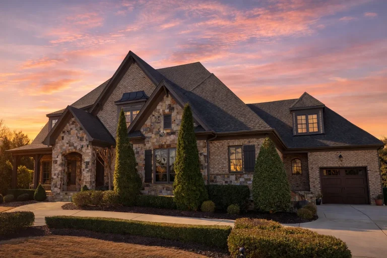 Front elevation of a New American modern traditional house featuring board-and-batten siding, stone accents, symmetrical windows, and a steep gabled roof