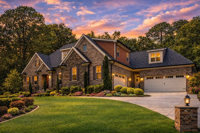 French Country Farmhouse Plans 14 Front elevation of a Traditional Neo-Colonial brick home with stone accents, symmetrical windows, and classic gabled roofline