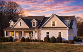 Front elevation of a New American Traditional style home featuring stone veneer, horizontal siding, steep gable rooflines, and a covered front porch