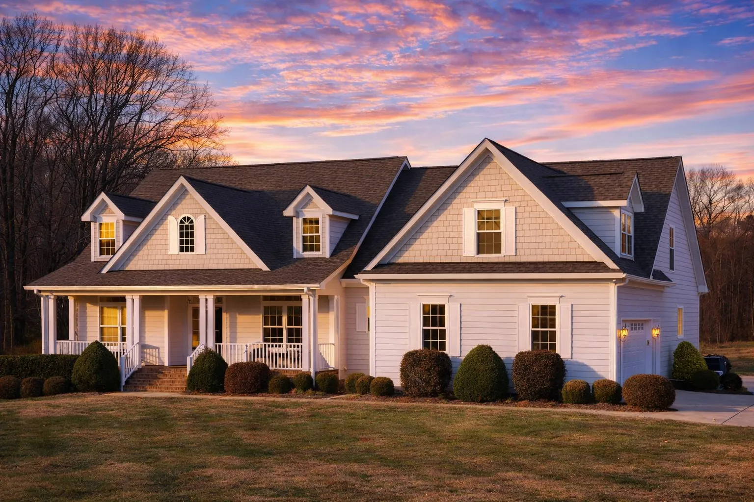 Front elevation of a New American Traditional style home featuring stone veneer, horizontal siding, steep gable rooflines, and a covered front porch