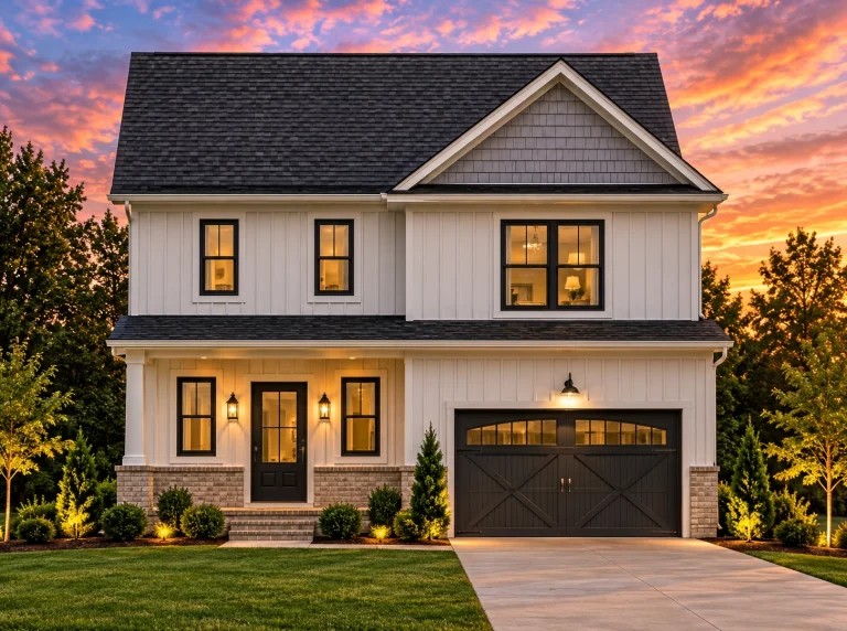 Southwestern House Plans 23 Front view of a Modern Farmhouse featuring board and batten siding, stone accents, dark trim, and symmetrical two-story elevation