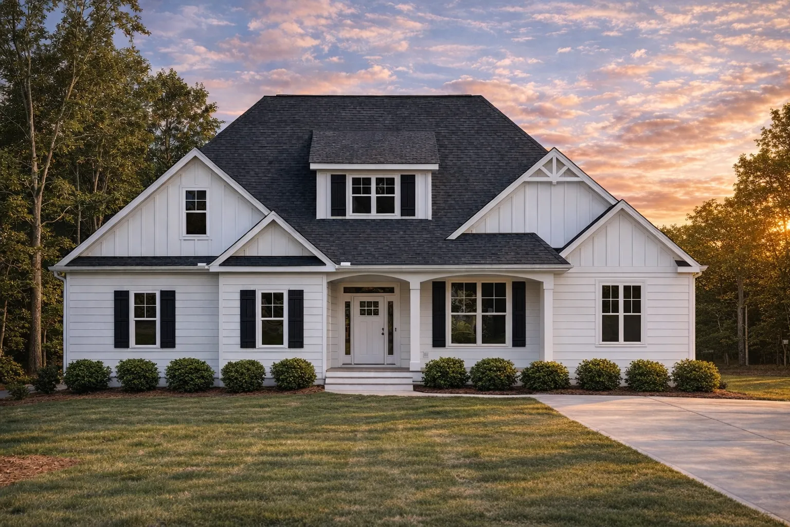 Front elevation of a Cape Cod style house featuring horizontal siding, stone accents, symmetrical windows, and a covered entry porch
