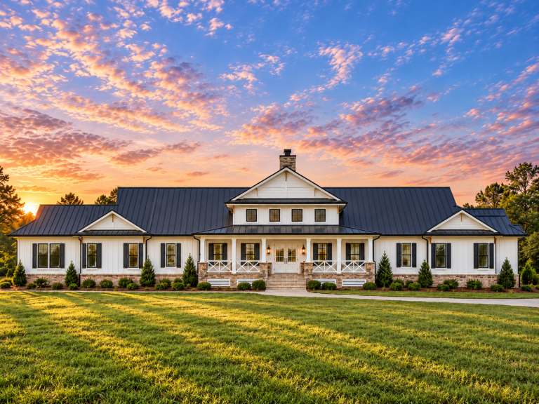 Front elevation of a Southern Farmhouse style home with horizontal siding, standing seam metal roof, symmetrical windows, and a covered front porch