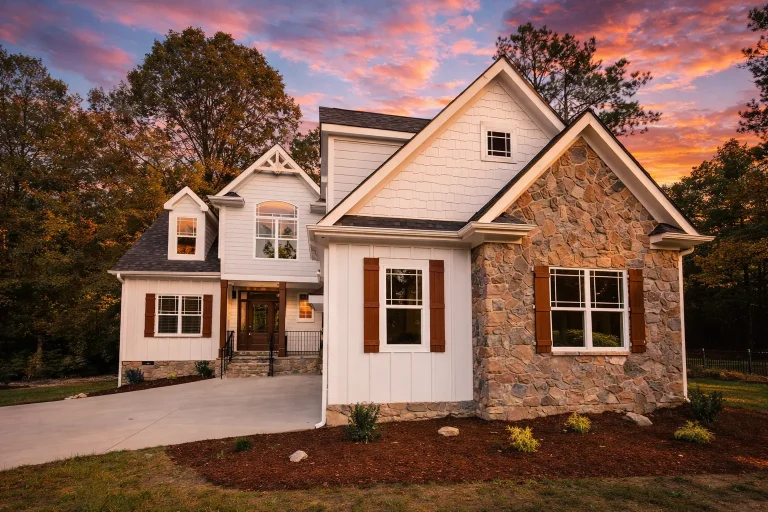 Front elevation of a New American Craftsman style home featuring stone exterior, horizontal siding, board and batten accents, and decorative wood shutters