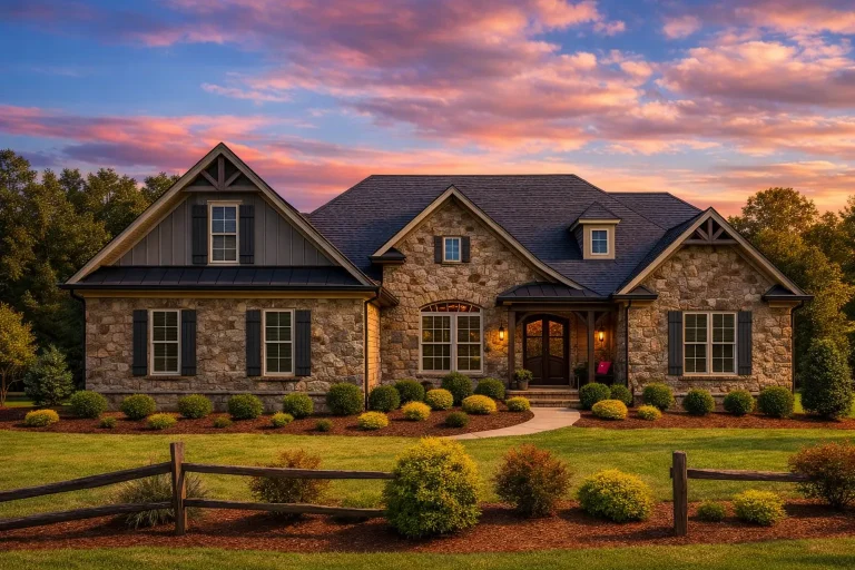 Front elevation of French Country style ranch home with stone and brick exterior, gabled rooflines, shutters, and landscaped yard