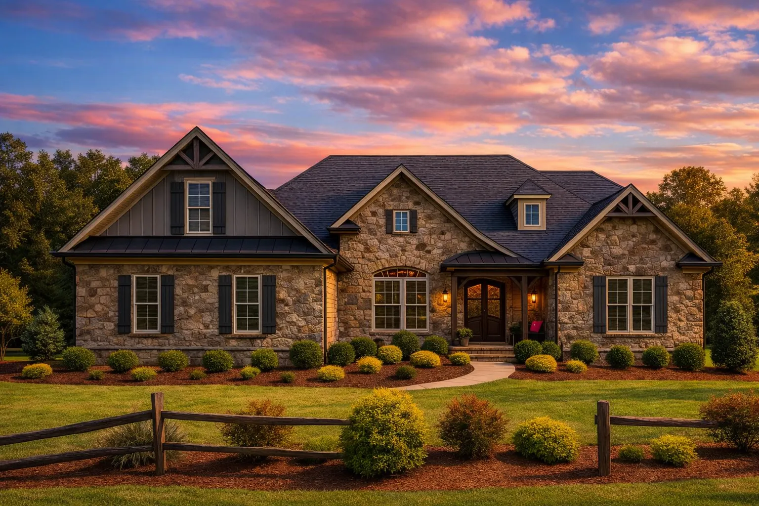 Townhome Floor Plans 9 Front elevation of French Country style ranch home with stone and brick exterior, gabled rooflines, shutters, and landscaped yard