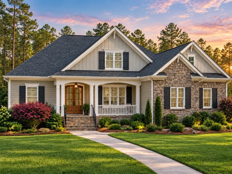 Craftsman house plan with front porch, gable roof, and stone accents surrounded by pine trees