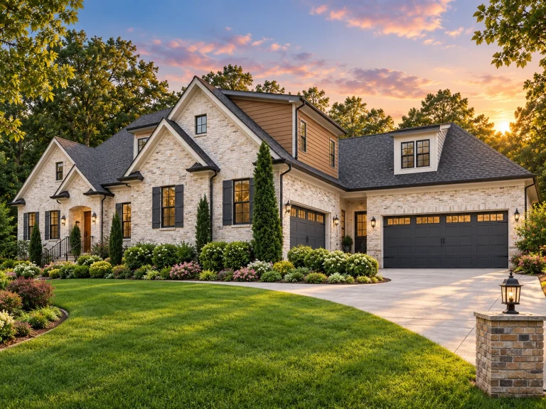 Front elevation of a Traditional Neo-Colonial brick home with stone accents, symmetrical windows, and classic gabled roofline