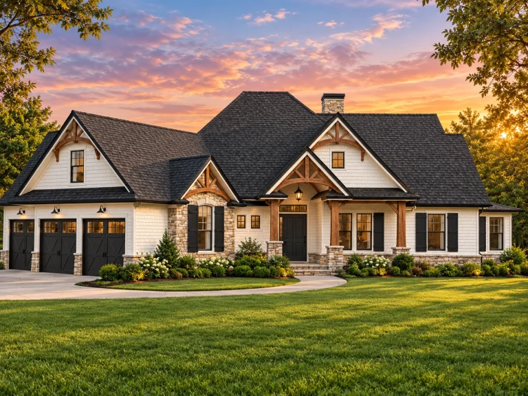 Mid-Size House Plans 23 Front view of a Rustic Craftsman Lodge style home featuring wood siding, stone accents, shake roofing, and a covered porch entry