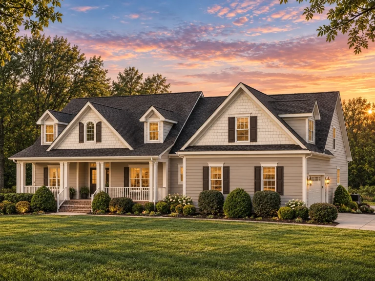 Contemporary House Plans 11 Front elevation of a New American Traditional style home featuring stone veneer, horizontal siding, steep gable rooflines, and a covered front porch