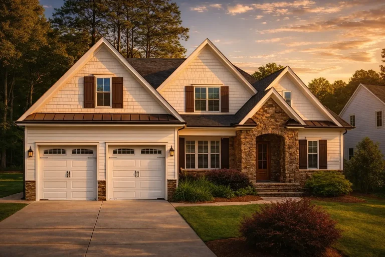 Front elevation of a New American Modern Farmhouse style home featuring stone accents, shingle gables, lap siding, and an inviting covered porch