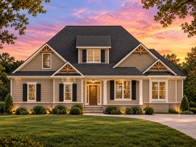 Front elevation of a Cape Cod style house featuring horizontal siding, stone accents, symmetrical windows, and a covered entry porch