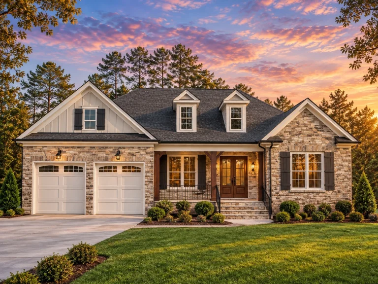 Front elevation of a Traditional Craftsman suburban home featuring brick exterior, board-and-batten gables, dormers, and a covered front porch